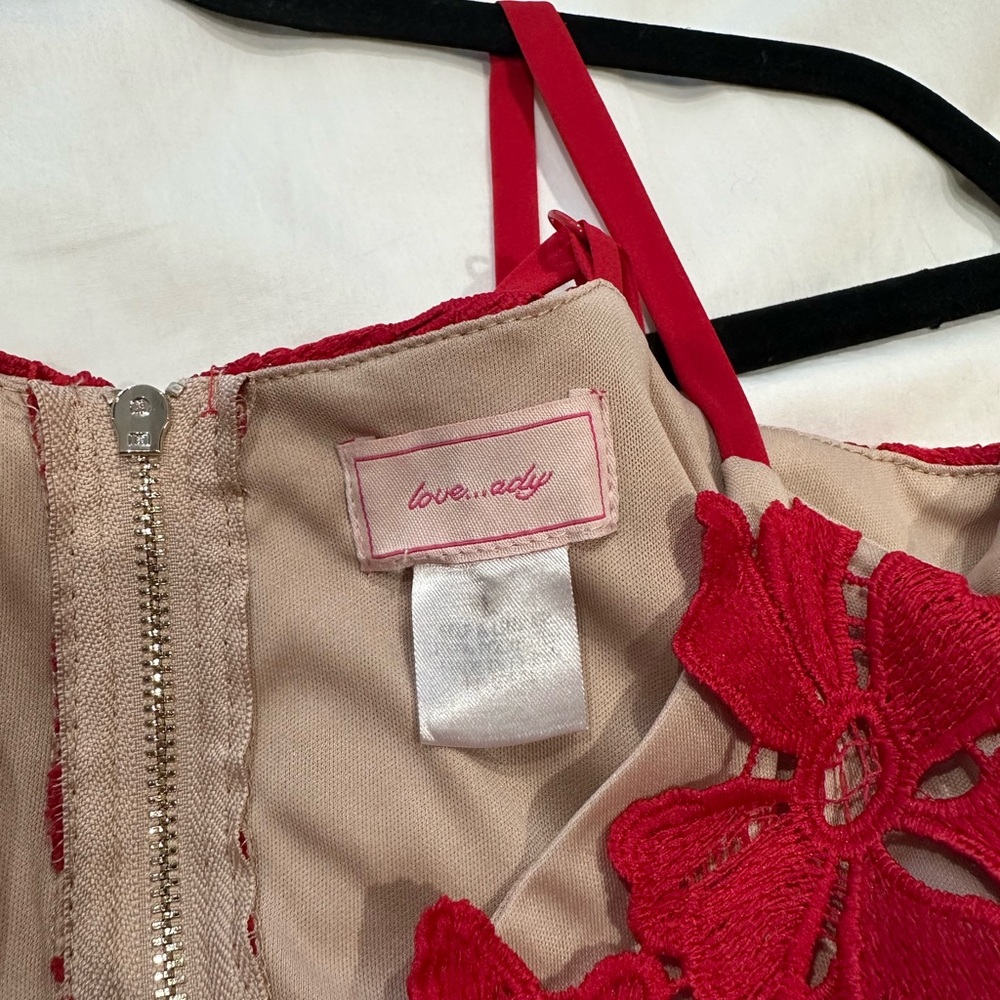 Love...Ady Chemical Lace Bodice Sleeveless Midi Slip Dress Red Nude Size L - Picture 5 of 6